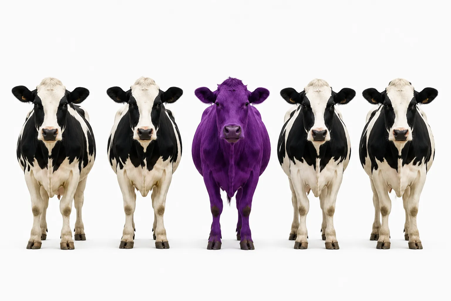 Five cows in a row — one of them is purple
